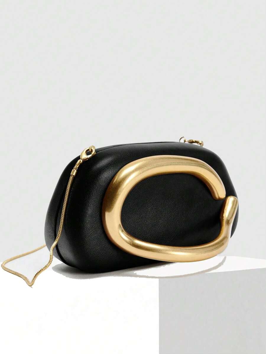 2025 New Women Metal Detail Decor Unique Design Shoulder/Crossbody/Handheld Clutch, Formal Evening Clutch Purse, High-End Party Wallet - Black - View 1