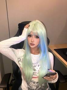 26 Inch Mint Green Straight Wig With Bangs - Layered Face-Framing Long Pastel Hair - Heat Resistant Synthetic Fiber On Breathable Rose Net Cap - Natural Look For Daily, Cosplay & All Skin Tones - Mint Green - View 1