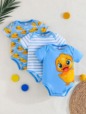 3pcs/Set Cute Duckling Print Baby Outdoor Casual Bodysuit, Short Sleeve Snap-Up Triangle Bodysuits, Comfortable Easy-To-Wear Summer New Arrival