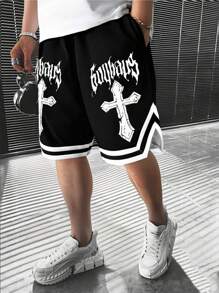 Men's Fashion Letter & Cross Print Outdoor Sports Shorts