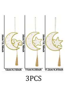 Set de 3 colgantes de madera con forma de cabeza de oveja, estrella y luna para Eid Al-Adha, decoración conmemorativa de Eid Al-Adha con borlas, para colgar, sin electricidad necesaria, decoración festiva para el hogar y exteriores durante las vacaciones - Multicolor - Ver 3