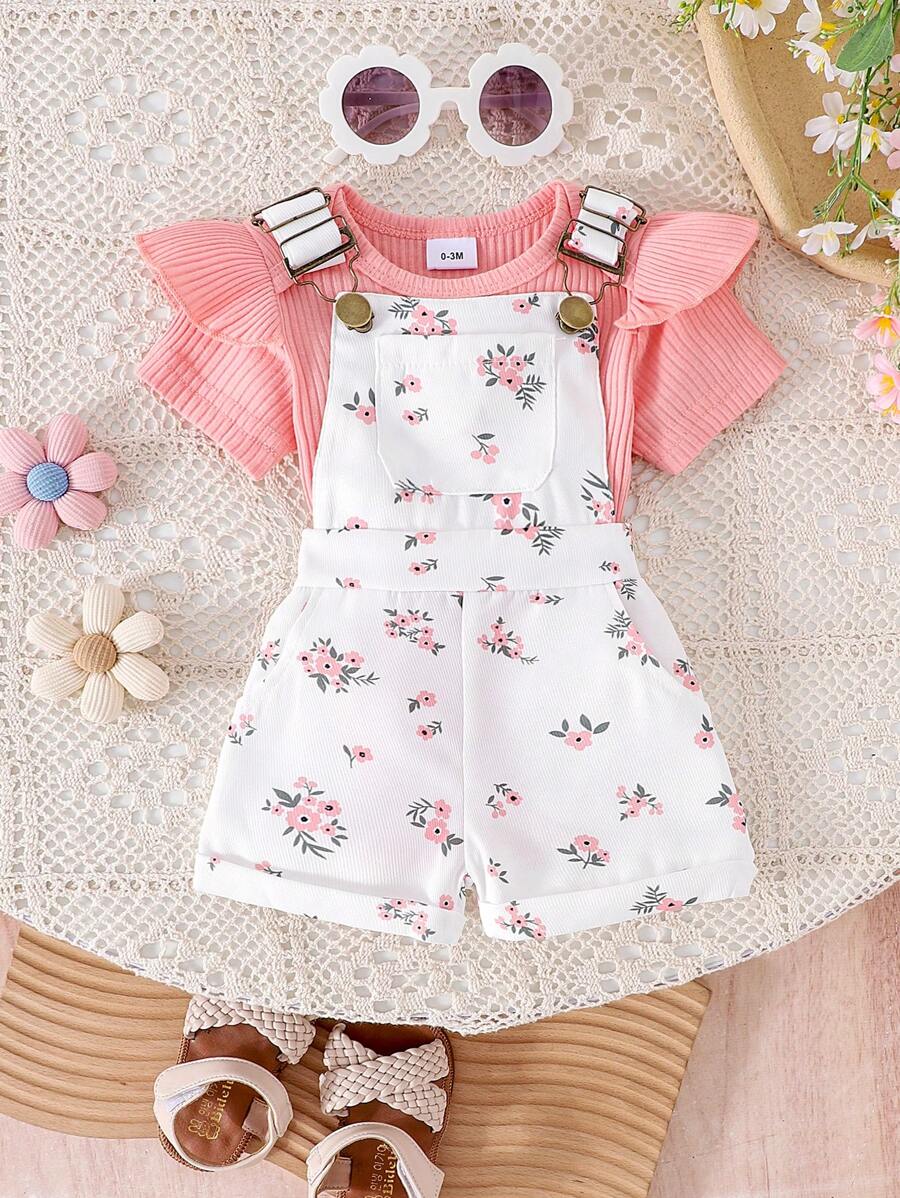 2pcs/Set Baby Girls Cute Short Sleeve Romper + Overalls Set, Lightweight Summer
