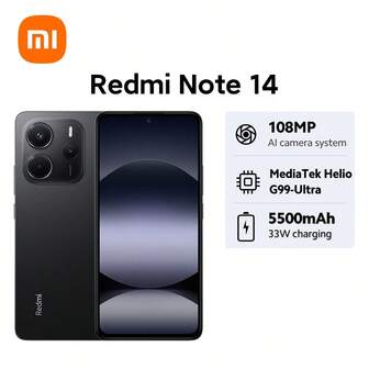 Xiaomi Redmi Note 14 4G 全球版智能手机 IP54 Mi HyperOS 108MP AI 摄像头系统 5500mAh 电池，配备 33W Turbo 充电联发科 Helio G99-Ultra Corning® Gorilla® Glass 5 120Hz 6.67 英寸 AMOLED 护眼显示屏安全的屏幕指纹传感器可扩展存储高达 1TB LPDDR4X + UFS2.2
