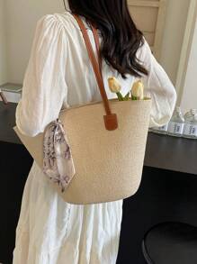 Simple Silk Scarf Decoration Straw Woven Bag For Women, Portable Shoulder Tote Bag Suitable For Vacation Travel