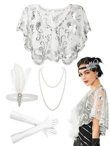 D EXCEED 4 Pcs Roaring 20s Art Deco Flapper Accessory Set For Women - Sequin Cape+ Headband + Faux Pearl Necklace + Opera Gloves For Gatsby Cosplay & Speakeasy Party Masquerades - Multicolor - View 4