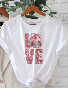 Camiseta estampada con diseño de love brillante , manga corta cuello redondo, top casual para verano y primavera, ropa de mujer - Blanco - Ver 1