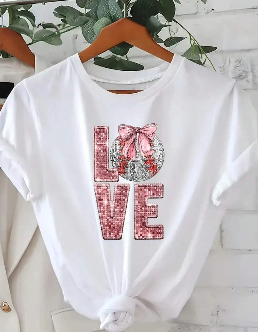 Camiseta estampada con diseño de love brillante , manga corta cuello redondo, top casual para verano y primavera, ropa de mujer - Blanco - Ver 1
