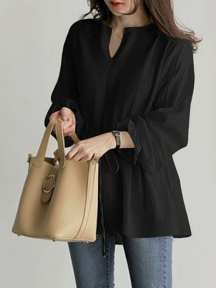 Women's V-Neck Clown Belted Shirt, Women's New Vintage Casual Loose Long Sleeve Tie-Front Blouse