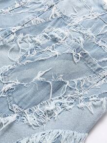 Summer Casual Denim Shorts With Washed Frayed Hem, Fashionable Jorts, Emo Style - Baby Blue - View 5