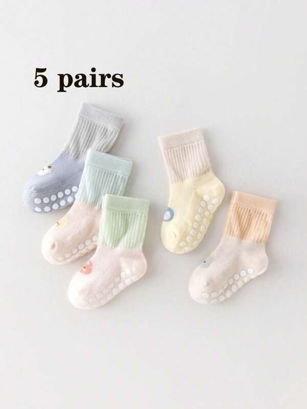 5 Pairs Cartoon Mesh Breathable Non-Slip Baby Toddler Mid-Calf Socks