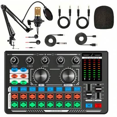 Kit de mezclador de audio profesional - Tarjeta de sonido para mezcla de sonido en vivo con efectos de DJ, cambiador de voz con efectos de sonido, perfecto para interfaz de audio de podcast, sesiones de karaoke, transmisión en vivo, grabación y juegos