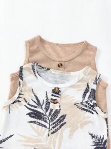 4 pezzi Set casual di moda per bambini maschi: canotta a collo rotondo a costine con stampa a foglia d'acero e tinta unita + pantaloni