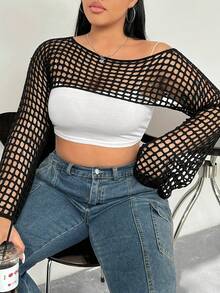 MOXDO Women's Long Sleeve Crochet Cover-Up Top - Off-Shoulder, Loose Fit, Solid Color, High Stretch Polyester, Casual Beachwear For Vacation Style - 黑色 - 查看 2