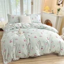 Juego de ropa de cama con estampado de cerezas de la serie Campus con borlas bordadas (1 * Funda nórdica + 2 * Fundas de almohada, sin relleno), juego de ropa de cama suave y cómoda con impresión digital adecuado para dormitorio, habitación de invitados, hotel, dormitorio, tamaño king, queen, twin