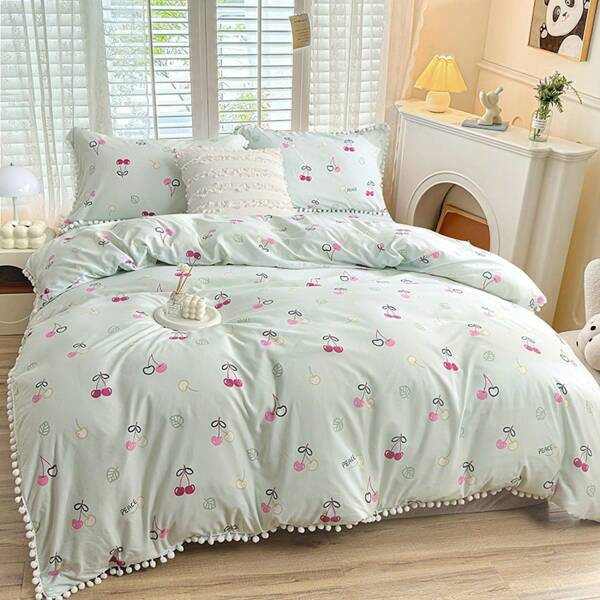 3pcs Tasseled Embroidery Floral Bedding Set (1 * Duvet Cover + 2 * Pillow Shams, No Filling), Digital Print Bedding Set With Soft And Breathable Cloud Cotton Fabric, Suitable For Bedroom, Guest Room, Hotel, Student Dormitory, King, Queen, Twin Size
