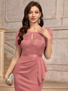 MIUSOL Keyhole Neckline Floral Lace Puff Sleeve Ruffle Trim Cocktail Party Bodycon Dress - Dusty Pink - View 8