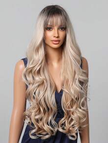 女士时尚渐变色长卷发假发 - 哑光饰面，高密度合成发丝，玫瑰网帽，适合女性日常聚会、圣诞节、婚礼 - 漸變金色 - 查看 4