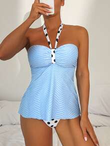 Women's Polka Dot Halter Tankini Set With Ruched Bust And Flowy Top - Màu xanh lam - Xem 3