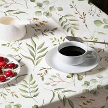 1pc Green Leaf Print Geometric Pattern Tablecloth, Modern Polyester Rectangular & Round Waterproof Tablecloth, Digital Printing Suitable For Living Room, Outdoor Dining, Small Round Table