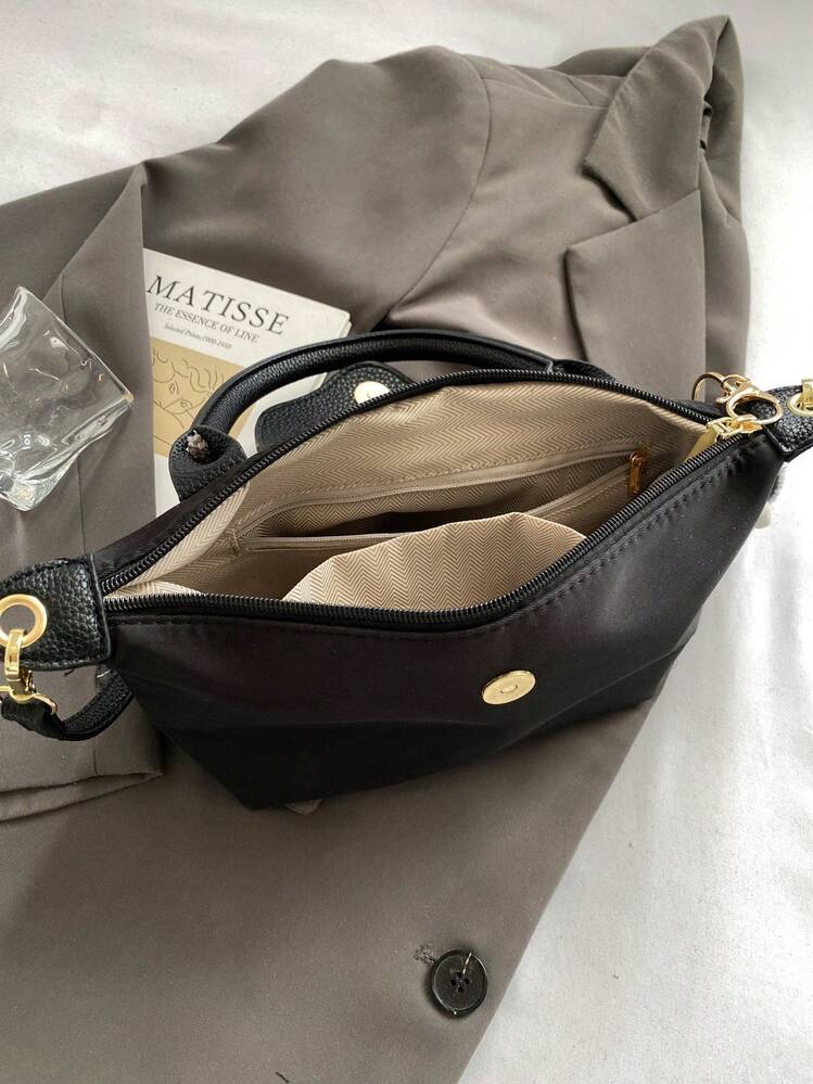 In Winter,Mini The New Fashionable Handbag With Contrast Color Design, Nylon Waterproof Fabric Shoulder Bag, Square Bag And Vegetable Basket Bag Are Suitable For Commuting To Work, Parties And Holiday Dates.Size:Long:7.5in*Wide:2.4in*Tall:3.9in - Black - View 7