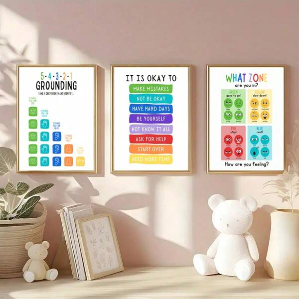 1/3pcs Canvas Wall Arts With Grounding Techniques, Coping Skills & Emotional Charts Art Posters Frameless, Art Deco/Classic/Modern Style, Indoor/Outdoor Use For Home Office, Living Room, Bedroom, Restaurants - Alphabet & Letter Print Artwork Optional Frame ,Wall Art With Frame