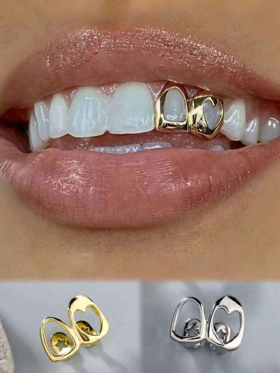 THATBOY 1PC/2PCS/4PCS/SET 18K Golden Plated Hollow Out Double Heart Grill, Everyday Wear Jewelry Teeth Grill, Dental