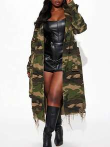 Women Casual Holed Camouflage Long Trench Coat - Green - View 3
