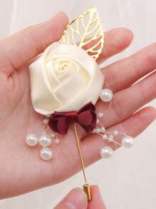 1pc Groom's Satin Lapel Pin With Chain, Golden Leaf & Rose Design For Men's Suit, Suit Decoration For Groomsman, Best Man, Dancing Party, Banquet Valentine's Day Valentines