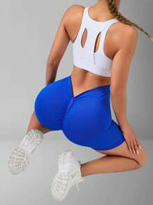 1pc Solid Color Casual Sports Shorts, Elegant Knitted Fabric Yoga Shorts, Sexy Slim Fit Design With Rear V-Waist, Suitable For Spring & Summer