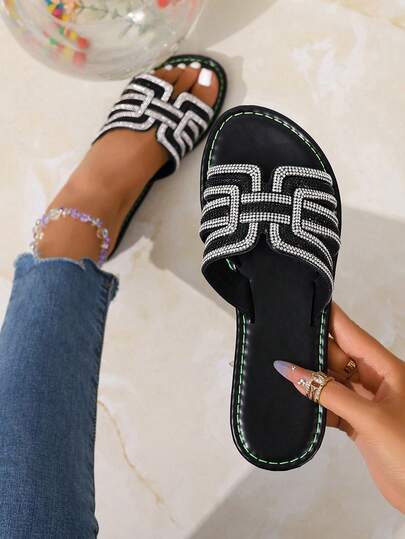 Korean Casual Flat Slip-On Sandals, Women's Summer Open Toe Slippers, Woven Roman Style, Fashionable For Beach, Apartment, Dress Outfit, Brown Color