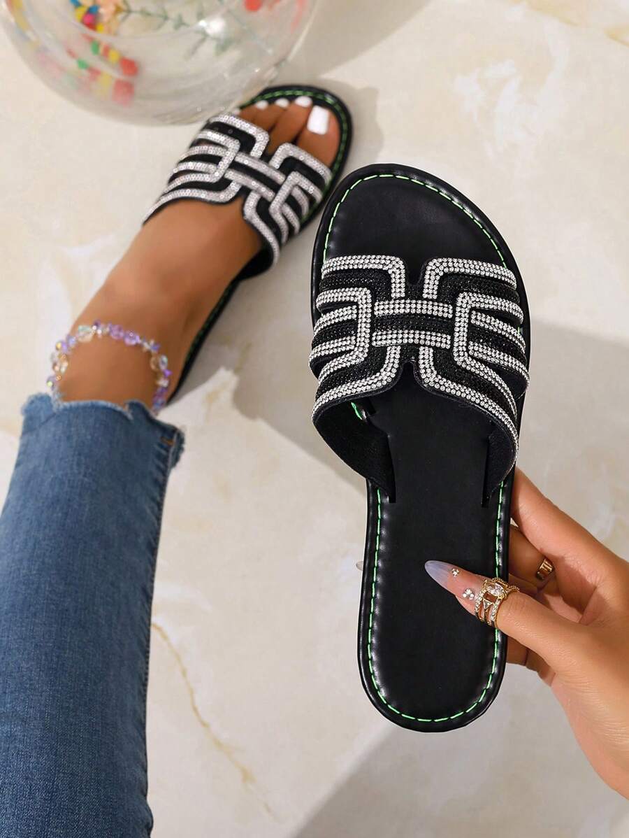 Korean Casual Flat Slip-On Sandals, Women's Summer Open Toe Slippers, Woven Roman Style, Fashionable For Beach, Apartment, Dress Outfit, Brown Color