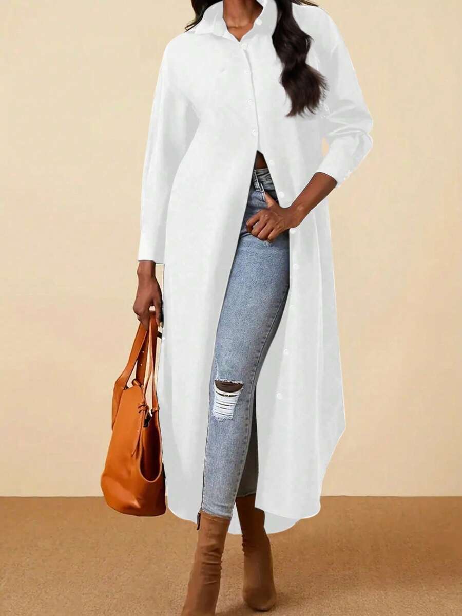 女士纯色前开襟长袖休闲长衬衫，简约设计，黑色，适合春秋季节穿着，节日白色 - 白色 - 查看 1