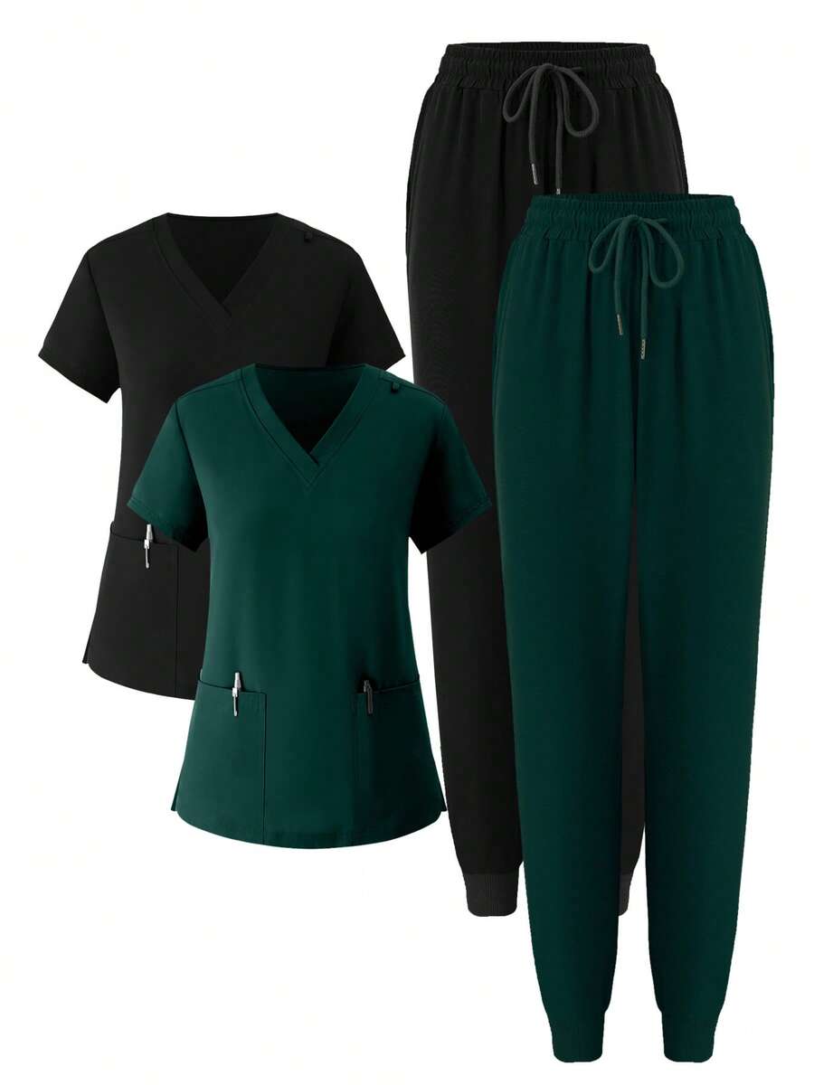 (Four-Piece Set) Scrubs Uniform Women's Running Matte Elastic Sports Nurse  Uniform Wash Clothes Work Clothes Breathable Scrub Shirt - 墨綠色 - 查看 1