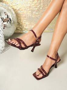 New French Style Summer Peep Toe Strap Sandals, Mid-Heel Square Toe, Versatile & Ladylike, Suit Dress, Roman Sandals - Burgundy - View 5