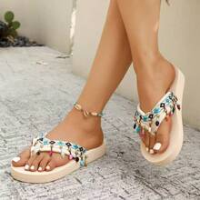 1 Pair Tasseled Slides, Suitable For Beach, Vacation, Spring And Summer - White - View 3