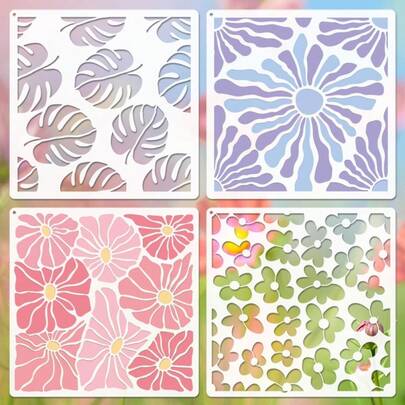 4pcs Floral Geometric Texture Painting Templates, 7.87 Inch Reusable Painting Stencils DIY Painting Templates Floral Geometric Texture Stencils
