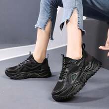 Women's Casual Sports Shoes, Mesh Breathable Reflective Lace-Up Soft Sole Comfortable Thick Sole Anti-Slip Increase Height Retro Chunky Sneakers,Lightweight Low-Top Outdoor Hiking Walking Running Shoes - Black - View 4