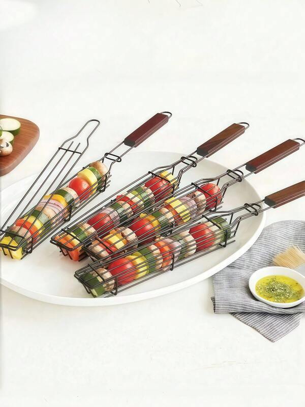 Tragbarer BBQ-Grill Korb für Fleisch & Gemüse - Holzgriff, antihaftbeschichtet, hitzebeständig, einfach zu reinigen - perfekt für Camping, Picknick, Grillen im Garten.