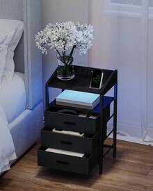 Hzuaneri Bedside Table With LED Lights And Charging Station, Side Table With 3 Fabric Drawers And Shelves, With USB Ports & Sockets, For Bedroom, Living Room - Black - View 1