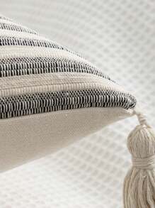 1 pieza/2 piezas Fundas de cojín con estampado de rayas grises y blancas, de tela de lona de algodón, con diseño de flecos en las cuatro esquinas, efecto bicolor, estilo nórdico para sala de estar, sofá, dormitorio, 30*50cm, 45*45cm