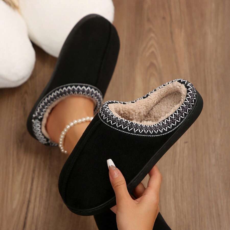 Women's Non-Slip Mute Floor Slippers - Solid Color With Plush Lining - 黑色 - 查看 1
