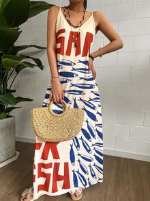 Đầm thời trang Bohemian nữ mùa xuân hè, kiểu dáng thanh lịch, thoải mái, họa tiết chữ cái Latinh và cá in màu tương phản, đầm đi nghỉ mát, dây đeo vai có thể điều chỉnh, kiểu dáng mặc nhà thoải mái, phù hợp cho nhiều dịp, đầm hè dự tiệc cho nữ - Nhiều màu - Xem 7
