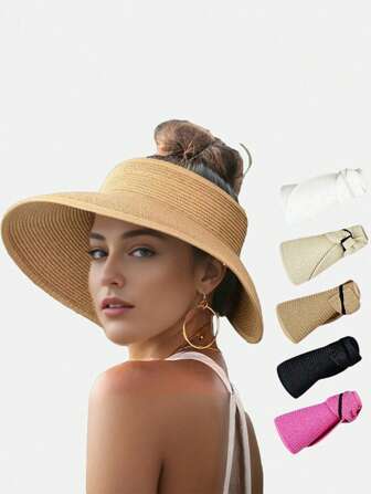 1pc Sun Visor Hats For Women Wide Brim Straw Roll-Up Ponytail Summer Beach Hat UV UPF Packable Foldable Travel Boho