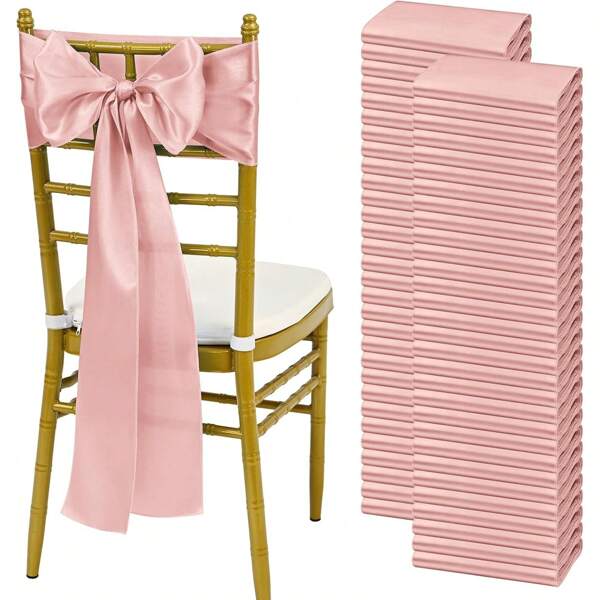 24pcs Satin Rose Gold Chair Sash, Bow Design Chair Bands Chair Covers For Wedding Party Event Decoration (Rose Gold, 7"X108")