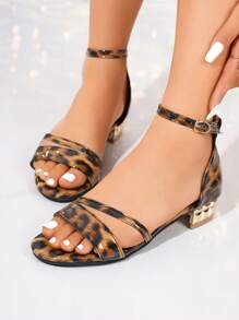 Buckle Strap Block Heel Summer New Fashion Leopard Print Versatile Women Shoes