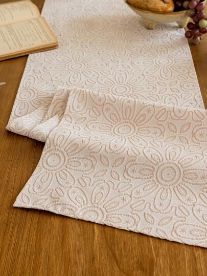 1 件米色浮雕花卉图案复古奢华艺术风格桌旗，适用于家庭、派对、酒店、餐厅餐桌装饰