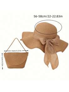 2pcs Khaki Bow Decor Sun Hat Crossbody Bag, 1pc Foldable Wide Brim Straw Hat And 1pc Minimalist Straw Weaving Bag Set - Hat + Bag - View 6