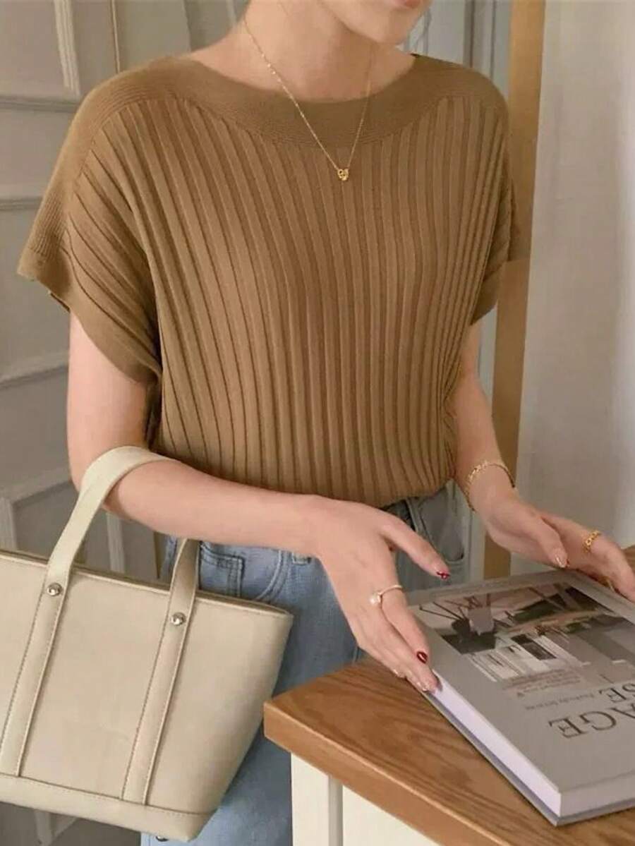 Summer Ice Silk Knits With Batwing Sleeves - Khaki - View 1