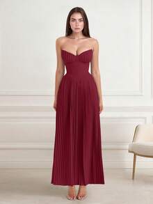 Elegant Sexy Ruched Waist Strapless Cocktail Dress, Party Gown - Burgundy - View 1