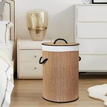 سلة غسيل كبيرة السعة قابلة للطي من البامبو مع غطاء ومقبض، تخزين موفر للمساحة للحمام وغرفة الغسيل والنوم - بني - مشاهدة 5